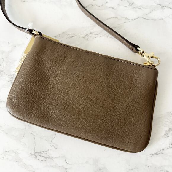 Michael Kors Fulton Dark Dune Top Zip Leather Wristlet Goldtone Hardware - Picture 3 of 10